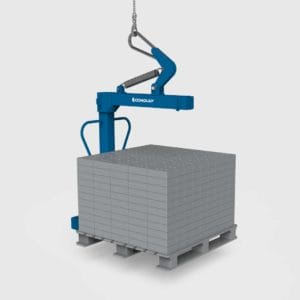 crane forks lifting a pallet of bricks