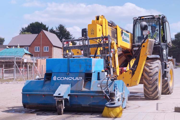 Conquip Powerbrush Forklift Sweeper attachment on telehandler, Admiral Park, Tongham. Bellway Homes