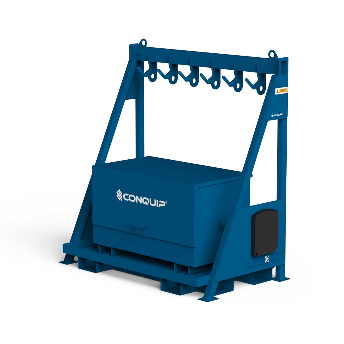 Compact Chain Storage Rack with toolbox, hero image, blue render, white BG, left-facing,
