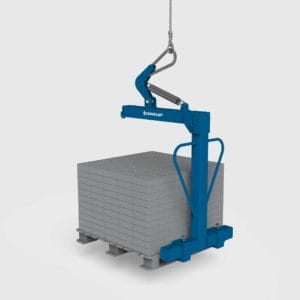 crane forks lifting a pallet of bricks