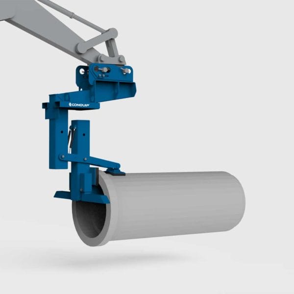 excavator pipe lifter lifting a concrete pipe